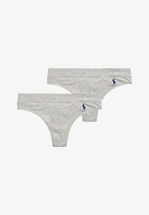 Deux culottes string en coton gris clair pour femmes, avec un petit logo de cheval brodé en bleu marine sur le côté droit devant.
