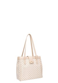 Borsa a tote beige realizzata in un materiale testurizzato, caratterizzata da un motivo geometrico, due manici e una chiusura a scatto frontale.
