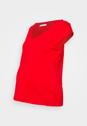 Rotes Umstandst-Shirt mit V-Ausschnitt, kurzen Ärmeln und lockerem Schnitt für Komfort. Hergestellt aus weichem, dehnbarem Stoff, der wachsenden Bauch accommodates.