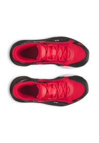 Des chaussures de sport rouges et noires avec une tige en mesh, des superpositions contrastantes, une semelle plus épaisse et des lacets ronds, avec un détail de logo sur le côté.