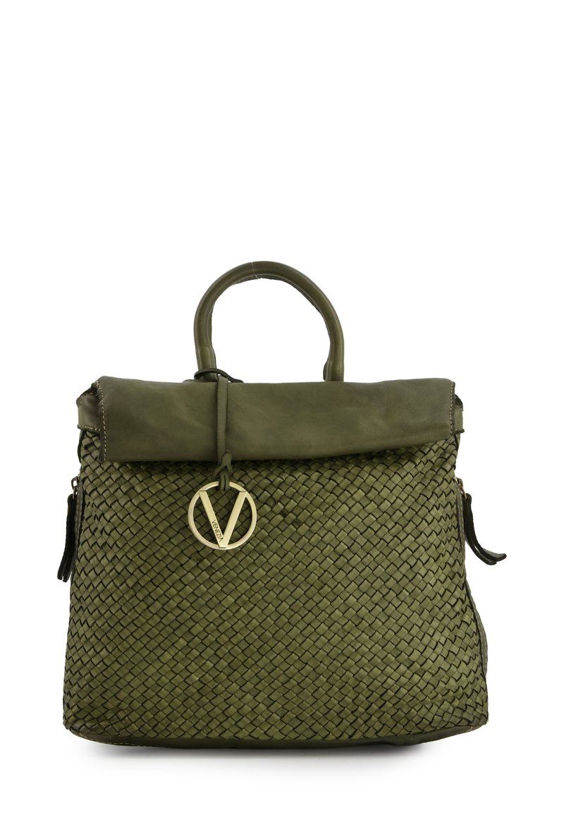 Olive green woven handbag with a structured shape, leather accents, a rolled handle, and a decorative round charm attached.