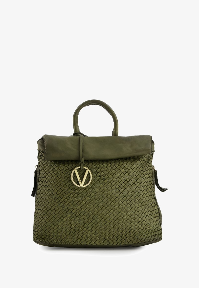 Olive green woven handbag with a structured shape, leather accents, a rolled handle, and a decorative round charm attached.