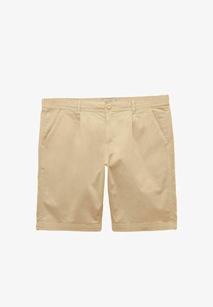 Beige herreshorts til knæene med bæltestropper, frontlukning med knap og lynlås samt skrå frontlommer, vist på en hvid baggrund.