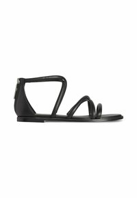 Sandales noires à semelle plate, dotées de plusieurs larges brides et d'une fermeture éclair au talon. Fabriquées en cuir lisse avec un design minimaliste.
