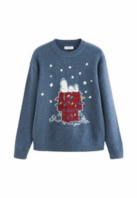 Maglione azzurro lavorato a maglia con una scatola regalo rossa, un personaggio bianco e luci colorate, fiocchi di neve e polsini e orlo a coste.