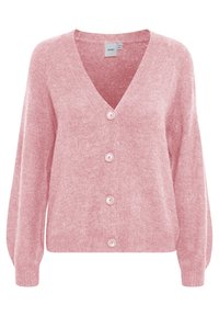 Rosa stickad cardigan med v-ringning, fyra knappar och långa ärmar. Mjuk textur med en något lös passform och ribbade ärmslut.