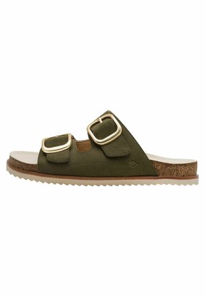 Sandale à enfiler kaki à bout ouvert avec boucles réglables ton or, semelle intérieure en liège et semelle extérieure en caoutchouc beige à motif zigzag.