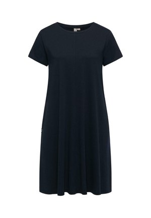 Granatowa, krótkim rękawem, casualowa sukienka do kolan z okrągłym dekoltem i luźnym krojem.