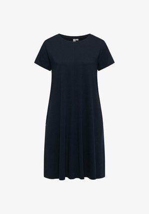 Marineblauwe, korte mouw, knielange casual jurk met een ronde halslijn en een losse pasvorm.