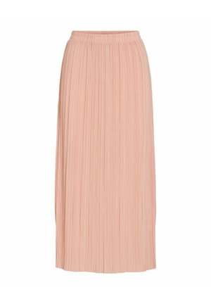 Jupe midi plissée rose clair avec ceinture élastique, silhouette droite et fines plis verticaux sur fond blanc.