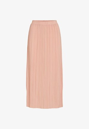 Jupe midi plissée rose clair avec ceinture élastique, silhouette droite et fines plis verticaux sur fond blanc.