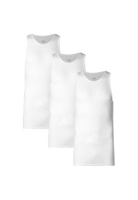 Three white sleeveless tank tops made of smooth cotton blend fabric, featuring round necklines and a regular fit.