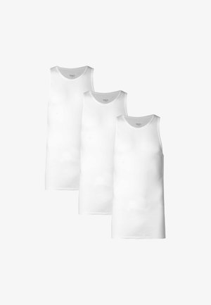 Three white sleeveless tank tops made of smooth cotton blend fabric, featuring round necklines and a regular fit.