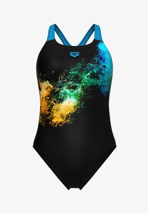 Schwarzer Einteiler-Badeanzug mit einem farbenfrohen abstrakten Design in Grün, Gelb und Blau, mit dünnen Trägern und einem sportlichen Schnitt.