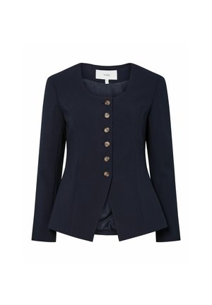 Tumesinine vormis sobiv bleiser kuue eesnööbiga, pikad varrukad, kauss-kaelus ja kergelt lõhestatud serv.