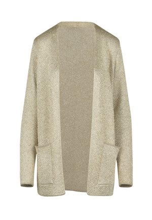 Cardigan doré clair en tissu tricoté texturé. Dispose d'une fermeture devant ouverte, de manches longues et de deux poches avant pour plus de commodité.