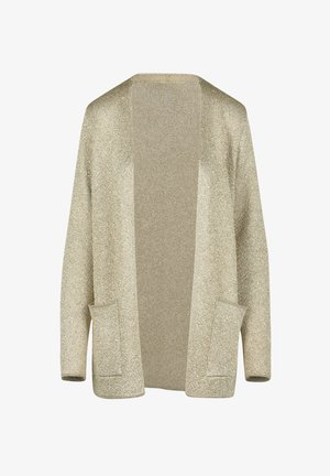 Gaiši zelta kardigāns, izgatavots no tekstūras adījuma auduma. Iespējas ar atvērto priekšpusi, garām piedurknēm un divām priekšējām kabatām ērtībām.