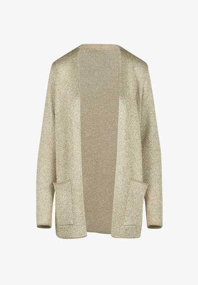 Svetlo zlatni kardigan iz teksturiranega pletenega materiala. Ima odprt sprednji del, dolge rokave in dve sprednji žepi za priročnost.