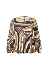 Langærmet bluse med rund halsudskæring, prydet med et farverigt, bølget abstrakt mønster i nuancer af brun, beige og hvid. To sorte knapper fremhæver forsiden.