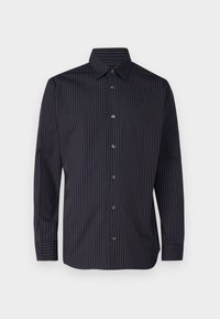 Navy shirt with vertical brown stripes, long sleeves, button-down collar, and six buttons along the front, featuring a smooth fabric texture.