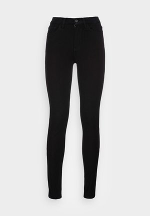 Sorte skinny jeans lavet af strækbart materiale, med høj talje, knap- og lynlåslukning samt fem-lommet design. Glat tekstur.