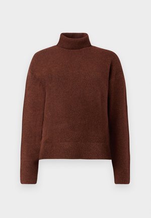 Brown turtleneck sweater made of soft knit fabric, featuring a relaxed fit, ribbed cuffs, and hem. Smooth texture with minimal detailing.
