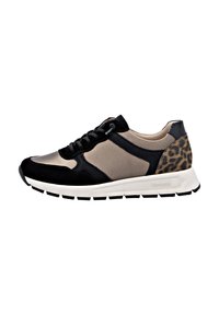 Black and tan sneaker featuring a smooth upper with leopard print accent, textured panels, black laces, and a white rubber sole.