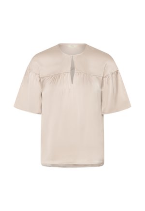 Helebeežikattega satiinist pluus lühikeste paelakeste varrukatega, ümar kaelus ja ees väike silmaava.