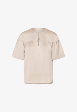 Helebeežikattega satiinist pluus lühikeste paelakeste varrukatega, ümar kaelus ja ees väike silmaava.