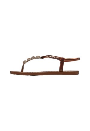 Sandale plate marron avec bride entre les orteils et détail de bride festonnée scintillante, dos ouvert et semelle simple.