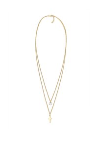 Goudkleurige multi-laags ketting met twee kettingen: één met een ronde kristallen hanger en de ander met een klein kruisje.