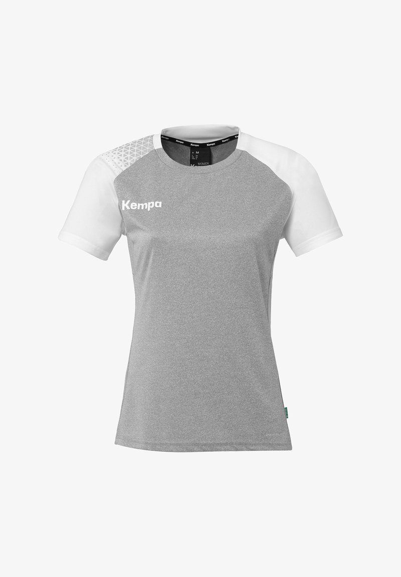 T-shirt de sport gris avec des manches courtes blanches. Présente un motif texturé au niveau des épaules et le logo "Kempa" en blanc sur la poitrine.