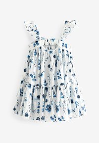 Vit klänning med blå blommönster, med volangärmar, elastiskt midja och en flerlagrad kjoldesign. Lättviktig tyg med mjuk textur.