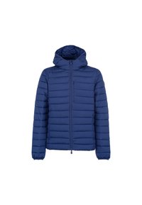 Blauwe gewatteerde jack met capuchon, voorzien van een volledige ritssluiting en een ritszak op de borst, ontworpen voor koud weer.