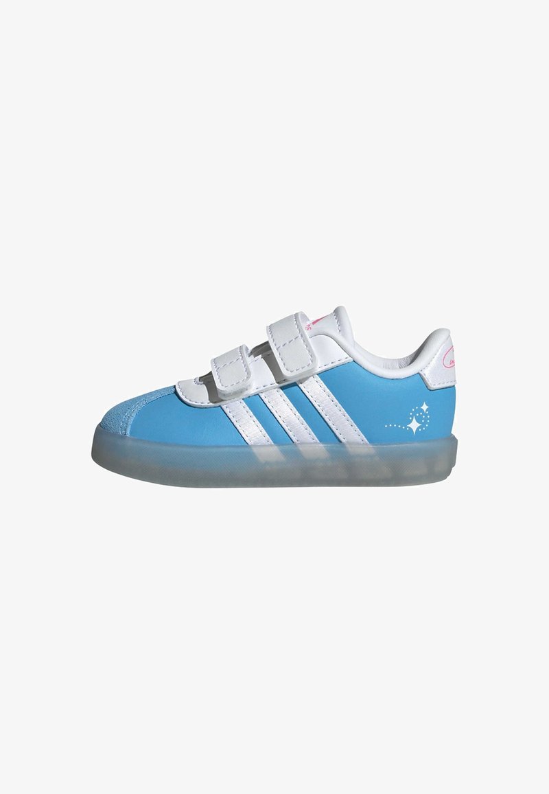 Blue synthetic sneaker with white Velcro straps, three white stripes, and a translucent sole. Features a silver star pattern on the heel.