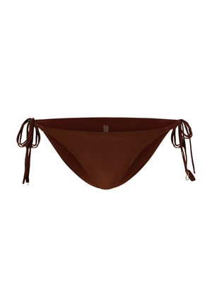 Bas de bikini marron avec liens ajustables sur les côtés, texture lisse et taille basse. Il présente un design minimaliste et aucun motif visible.