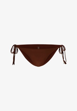 Brązowe bikini dolne z regulowanymi trokami po bokach, gładka tekstura i niski krój. Charakteryzuje się minimalistycznym designem i brakiem wyraźnych wzorów.