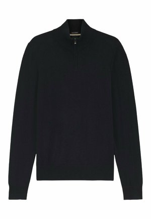 Svart tröja med hög krage och dragkedja, långa ärmar, figursydd nederkant och en slät, mjuk textur.