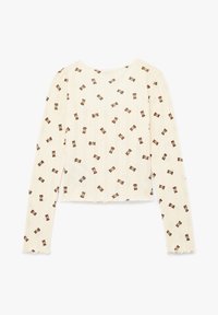 Cremefarvet langærmet ribbet crop top med lille brunt teddybjørnemønster jævnt fordelt over stoffet.