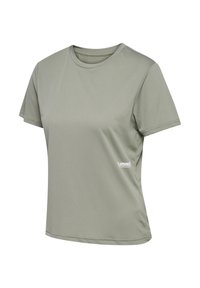 T-shirt de sport gris clair à manches courtes avec col rond et petit logo blanc en bas à gauche.
