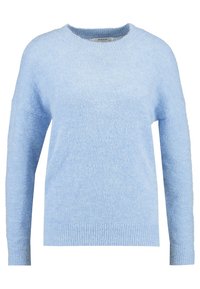 Pull bleu clair avec une texture douce et pelucheuse. Il présente un col rond et des manches longues, finition avec des poignets et un ourlet côtelés.