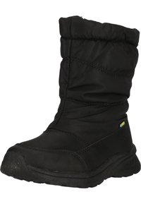 Schwarze isolierte Stiefel mit einem gesteppten Nylon-Obermaterial, Gummisohle und gepolstertem Kragen. Verfügt über dezente Nähte und ein kleines farbiges Logo.