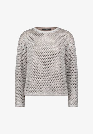 Beżowy sweter z długim rękawem, wykonany na drutach z ażurowym wzorem, okrągłym dekoltem i ściągaczami przy rękawach, oznaczony marką BETTY BARCLAY.