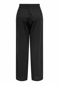Pantalon noir à jambes larges avec taille élastique, vu de dos, fabriqué en tissu léger légèrement texturé.