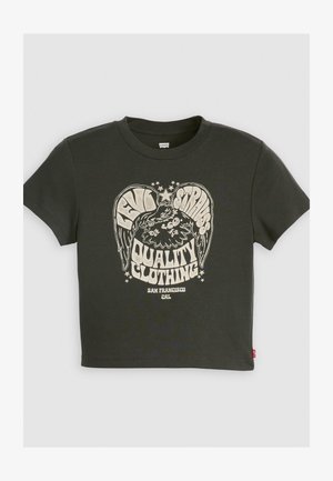 Dunkelgraues Baumwoll-T-Shirt mit einem großen weißen Grafikdesign, das Text und ein Adlermotiv zeigt. Kurzarm, Rundhalsausschnitt, lässige Passform.