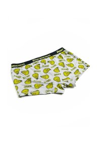 Boxer shorts grigi in cotone con un motivo ripetuto del cartone animato del Grinch in verde, con una vita nera etichettata "MERRY GRINCHMAS."
