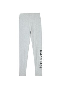Leggings grigi realizzati in un tessuto morbido, con una vita alta e una stampa in bold di colore nero sulla gamba sinistra. Texture liscia e design aderente.