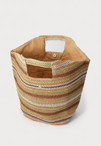 Woven straw tote bag with multicolored stripes in brown, orange, mint green, and light blue. Features an internal zip pocket and top handles.