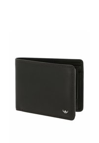 Portefeuille en cuir noir à deux volets avec des coutures visibles et un petit logo argenté en bas à droite, présenté légèrement ouvert sur fond blanc.