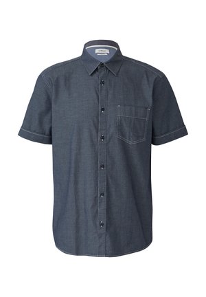 Short-sleeve, button-up shirt in dark blue denim with white stitching, classic collar, single chest pocket, and a straight hem.